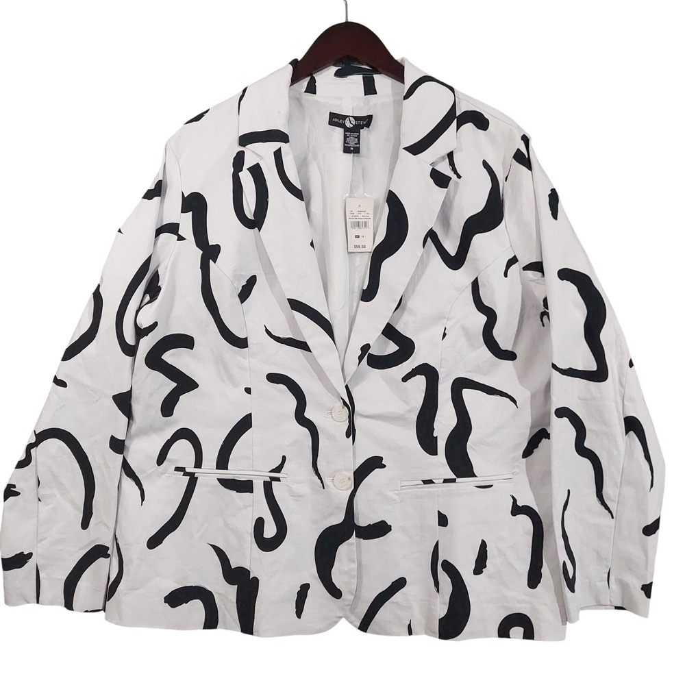 Ashley Stewart Blazer Women 18 White Black Abstract Print Notched Lapel NWT